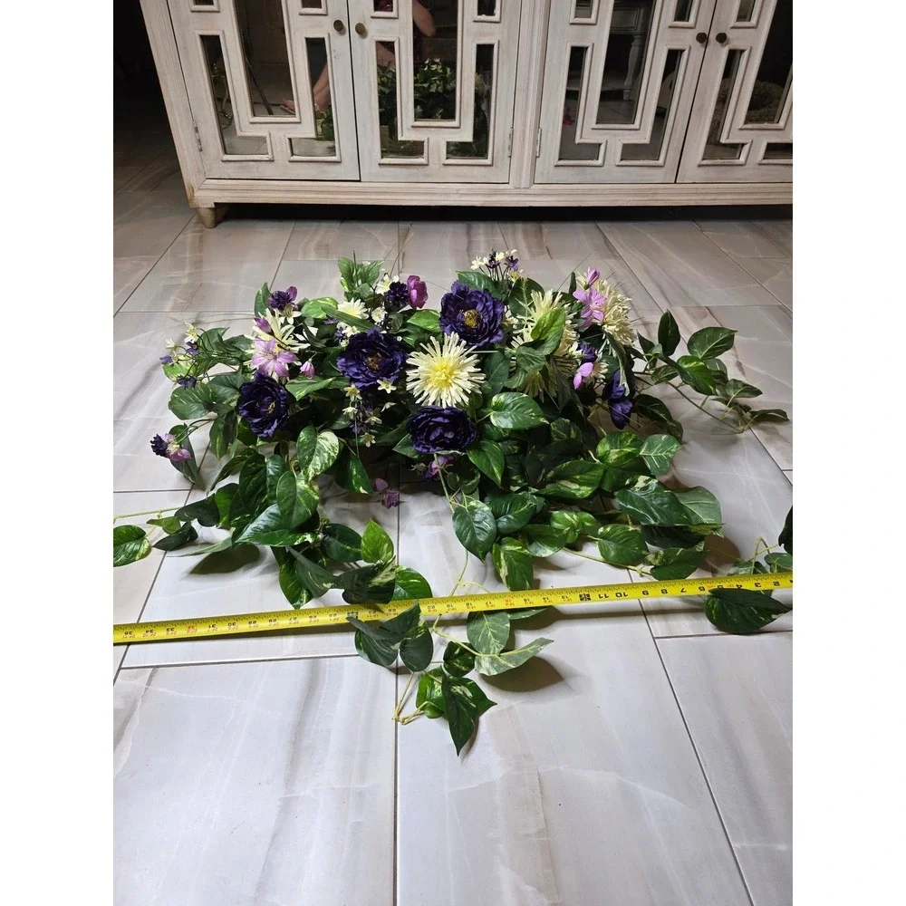 Silk Purple Peony Cream Chrysanthemum Floral‎ Arrangement in Wicker Basket 35in